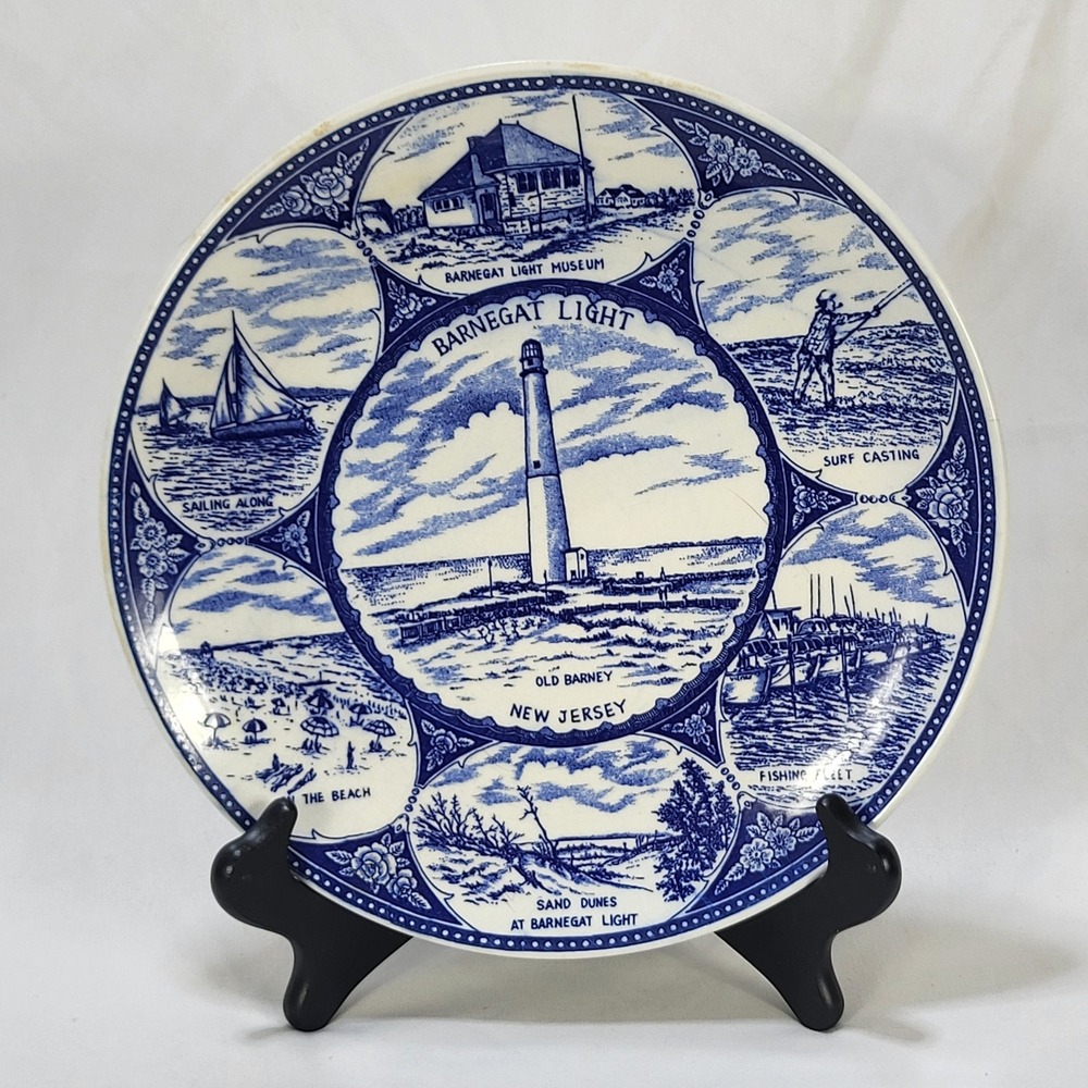 Barnegat Light NJ Jersey Shore LBI Souvenir Plate Old Barney Blue White 1984